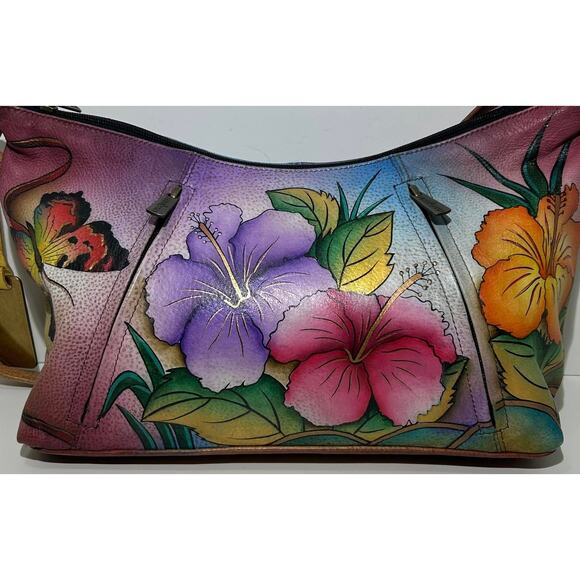 Anuschka Hand Painted Leather Butterflies & Hibiscus U Top Hobo Purse Handbag - Picture 7 of 10